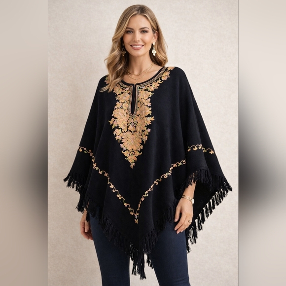 Tops - Embroidered Poncho Black Boho Fringe Hem Oversized Festival Top Bohemian Artsy